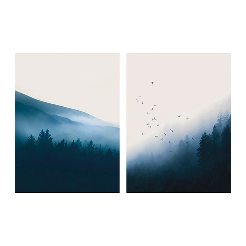 Dúo de carteles, PJÄTTERYD, azul, escena de la naturaleza con pájaros, montaña brumosa, material de poliéster.