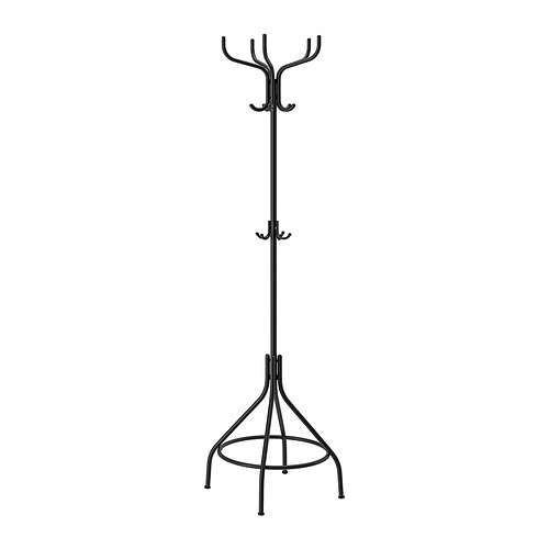 Perchero NIPÅSEN, negro, metal, diseño clásico, 6 ganchos, base de 3 niveles.