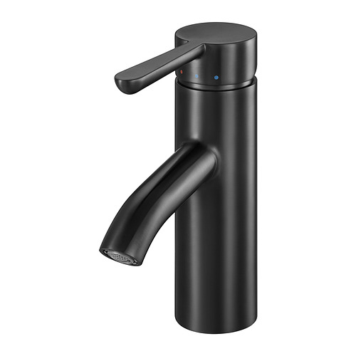 Grifería moderna negra con manilla cilíndrica y caño curvo, acabado metalizado.