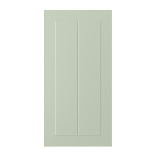 Una puerta de armario verde STENSUND con paneles ranurados, de tablero de fibra y pintura de poliuretano, de forma rectangular con un diseño elegante.