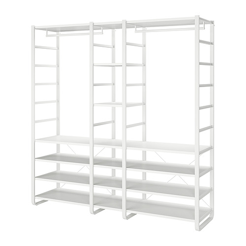 Muestra el sistema de almacenaje ELVARLI de ikea blanco, una estantería adaptable con múltiples estantes ajustables, diseñada para un uso versátil.