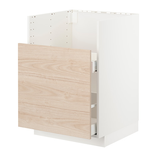 Mueble de madera clara de fresno METOD con base blanca, forma rectangular, cajón liso, frente de panel de madera.