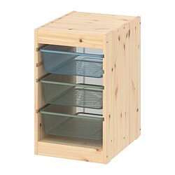 TROFAST, combinación almacenamiento+cajas, Pino tinte claro azul grisáceo / gris verde claro