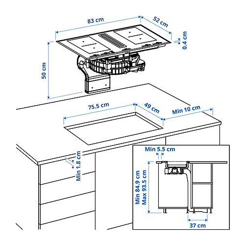 Ilustración con medidas del producto: TÄCKNAN.