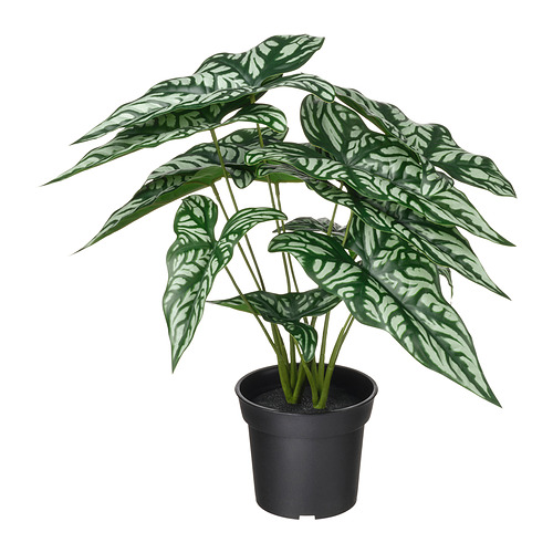 La planta artificial FEJKA en hojas abigarradas verdes y blancas, en maceta en contenedor negro.