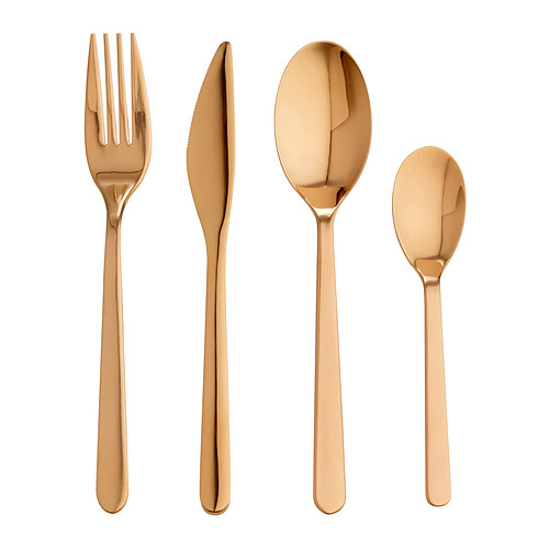 Juego de cubiertos de color dorado: tenedor, cuchillo, cuchara grande, cuchara pequeña; Diseño elegante y moderno.