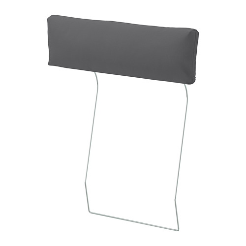 La funda del reposacabezas VIMLE es de color gris, rectangular y está hecha de algodón y poliéster. Tiene una textura de dos tonos y se adhiere a ganchos metálicos.