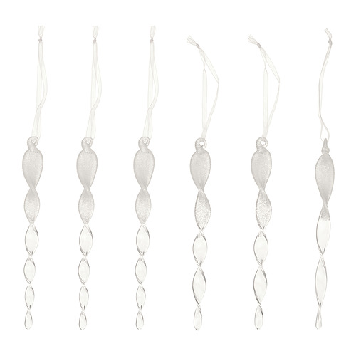 Seis adornos de árbol de Navidad de vidrio blanco brillante y retorcido con cintas para colgar.
