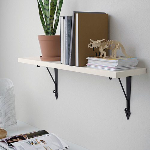 Una estantería montada en la pared, con libros, una planta en maceta y un modelo de dinosaurio, sostenido por soportes negros.
