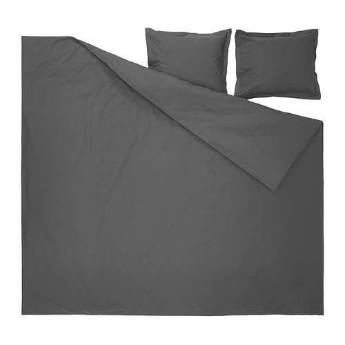 Juego de cama gris oscuro, 3 piezas, algodón liso, líneas nítidas, fundas de almohada sobre.