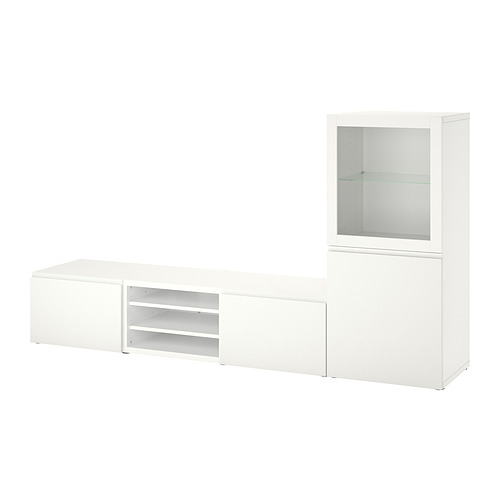 Mueble de tv blanco BESTÅ con cristal y armarios cerrados, moderno y versátil para los medios de comunicación y la decoración.