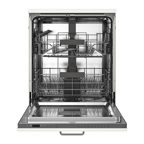 Lavavajillas abierto de acero inoxidable con rejillas ajustables, función de autolimpieza, funcionamiento silencioso.
