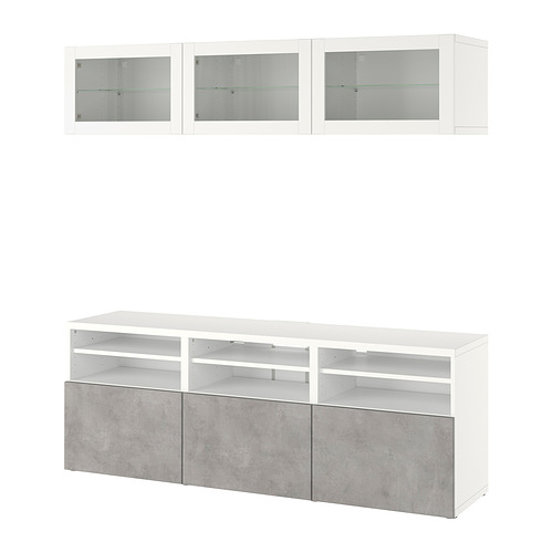 Mueble de tv blanco BESTÅ: 3 estantes, 2 armarios, cajones modernos con efecto cemento.