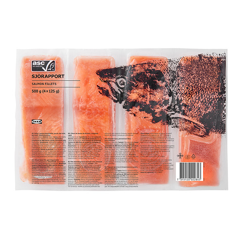Bolsa de plástico transparente de filetes de salmón congelados de la marca ikeas SJÖRAPPORT, que muestra el empaque con el nombre del producto, la marca y la descripción.