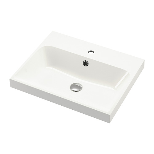 Un lavabo BACKSJÖN rectangular blanco de diseño moderno, con un elegante desagüe cromado, realizado en mármol triturado.