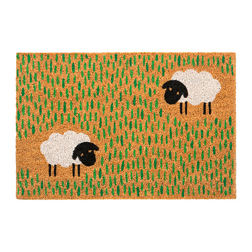 Felpudo rectangular marrón con diseño de hierba verde y dos ovejas de cara negra en un campo.