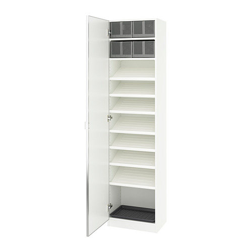 Armario PAX blanco con puertas con espejos, seis estantes vacíos, pies ajustables y bisagras de cierre suave.