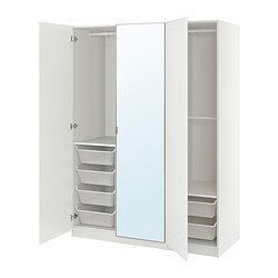 PAX/KAMMARTORP/GRIMO, wardrobe combination, FARDAL high gloss white / ÅHEIM mirror