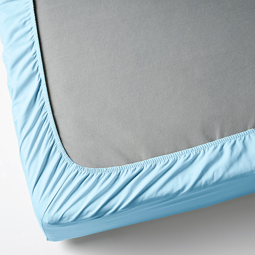 Sábana ajustable con algodón azul elástico, absorbente de humedad y transpirable.
