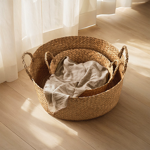 Cesta de mimbre SANDJORD con lino, natural, redonda, asas, almacenamiento ligero.