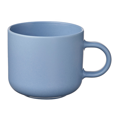 Taza de cerámica azul, acabado mate, forma redonda, un solo asa.