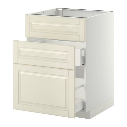 Mueble de cocina con cajón blanco roto, color crema, rectangular, bordes biselados, diseño tradicional moderno.