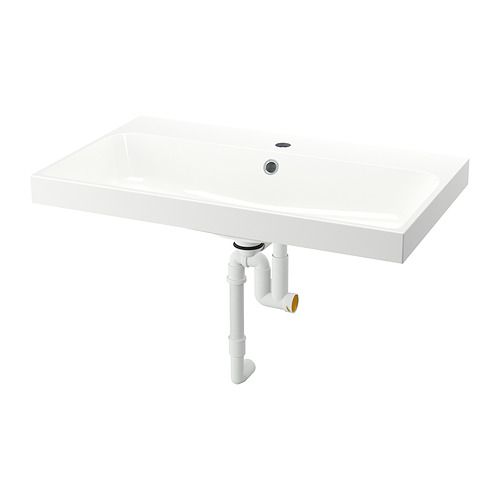Esta imagen muestra un lavabo BACKSJÖN rectangular blanco con bordes lisos y un diseño minimalista, con un desagüe y un orificio para el grifo.