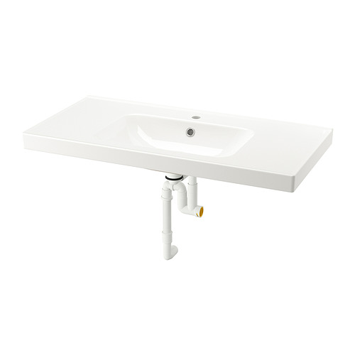 Fregadero de cerámica ORRSJÖN blanco con suaves líneas curvas y desagüe integrado.