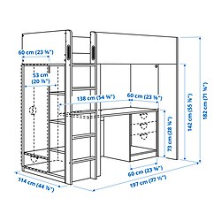 Measurement Illustration - SMÅSTAD loft bed frame, desk and storage