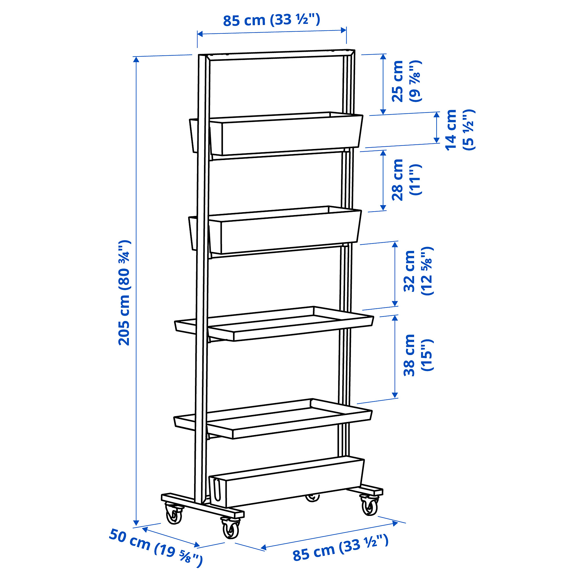 Measurement Illustration - MITTZON frame with castors/display shelf/cable box