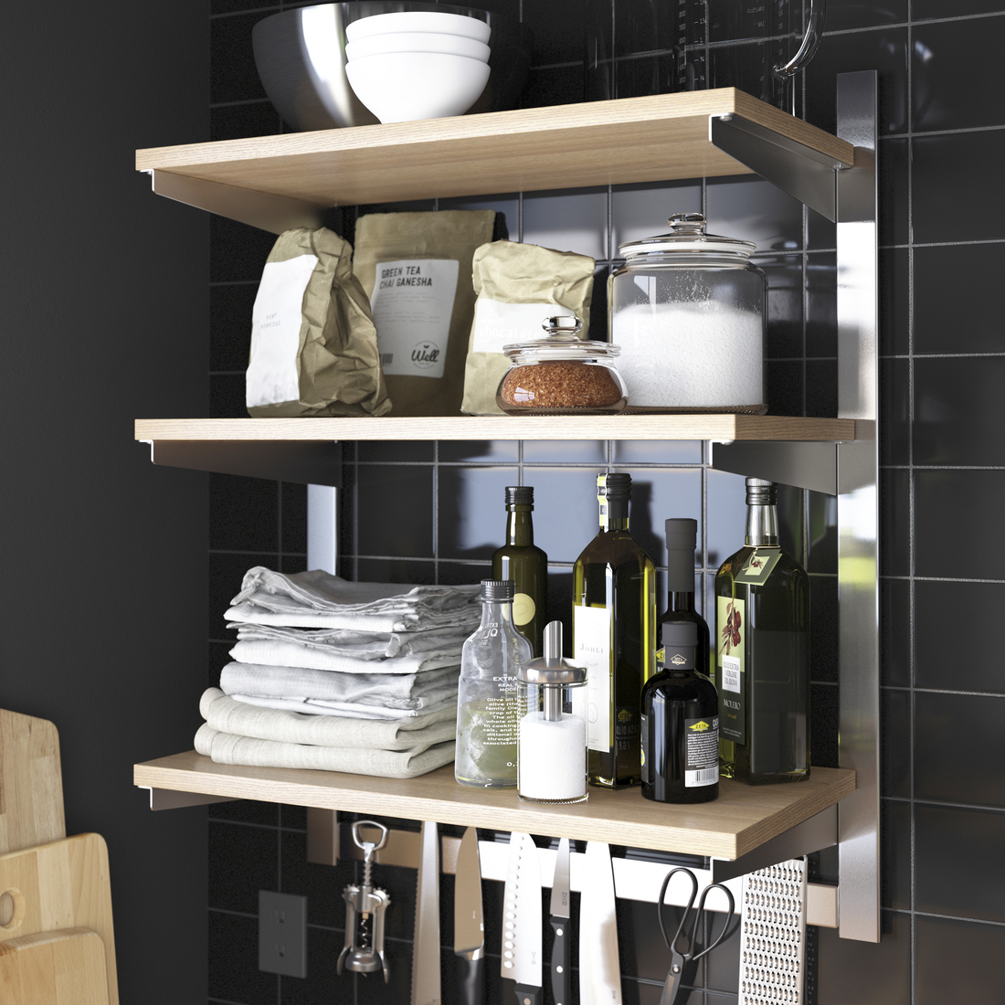 KUNGSFORS, riel montaje con estante y riel magnético para cuchillos. 3 de 3 open dialog