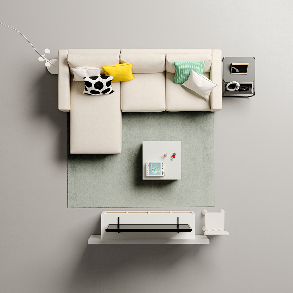 An OLSERÖD side table stands at the side of a VIMLE 3- seat sofa with chaise lounge near a SLÄKT storage box with castors.