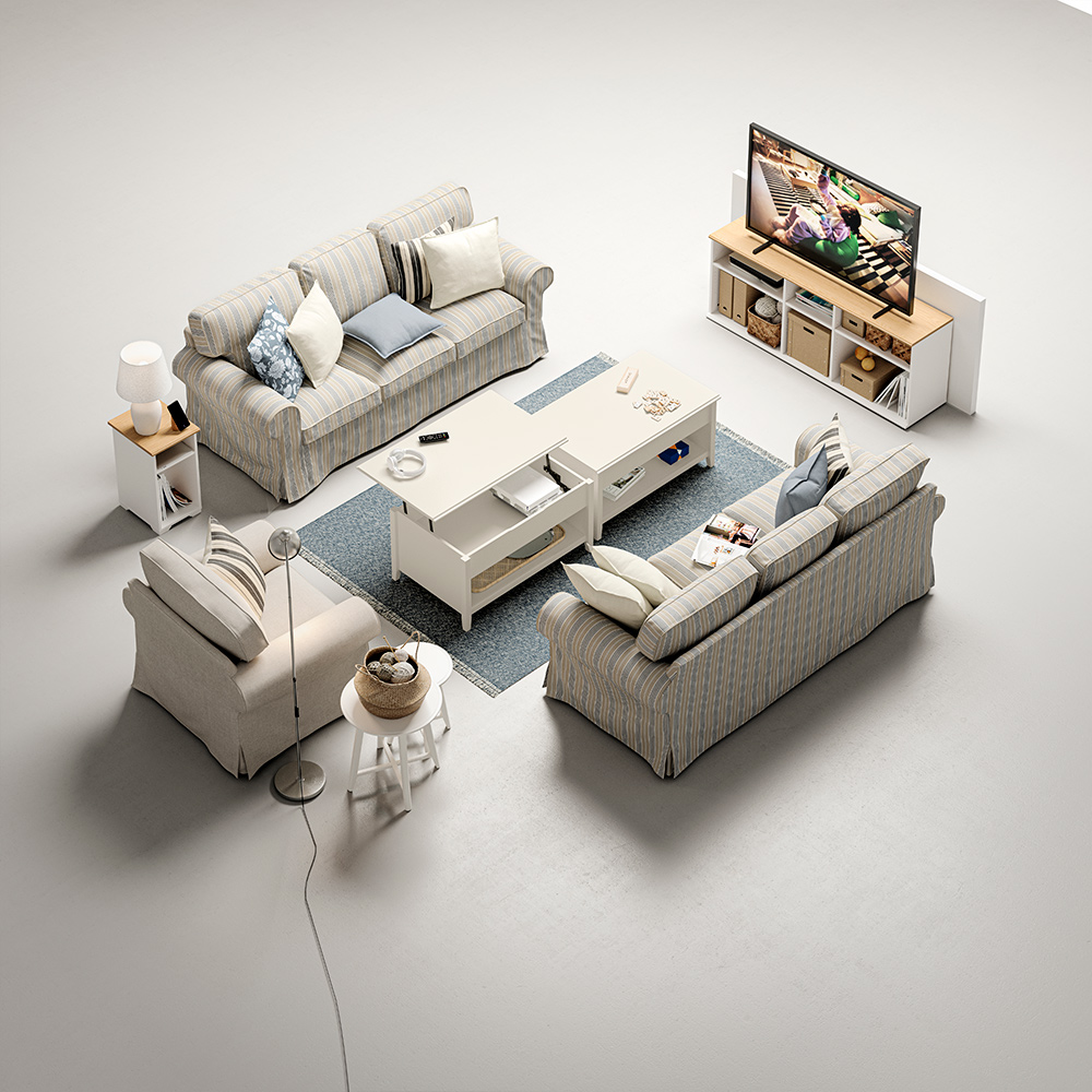 Two EKTORP 3-seat sofas and an EKTORP armchair stand around two white VITTERYD adjustable coffee tables