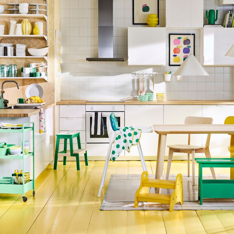Scandinavian modern kitchen with white ANTILOP highchair, NISSAFORS trolley and LISABO table and chair