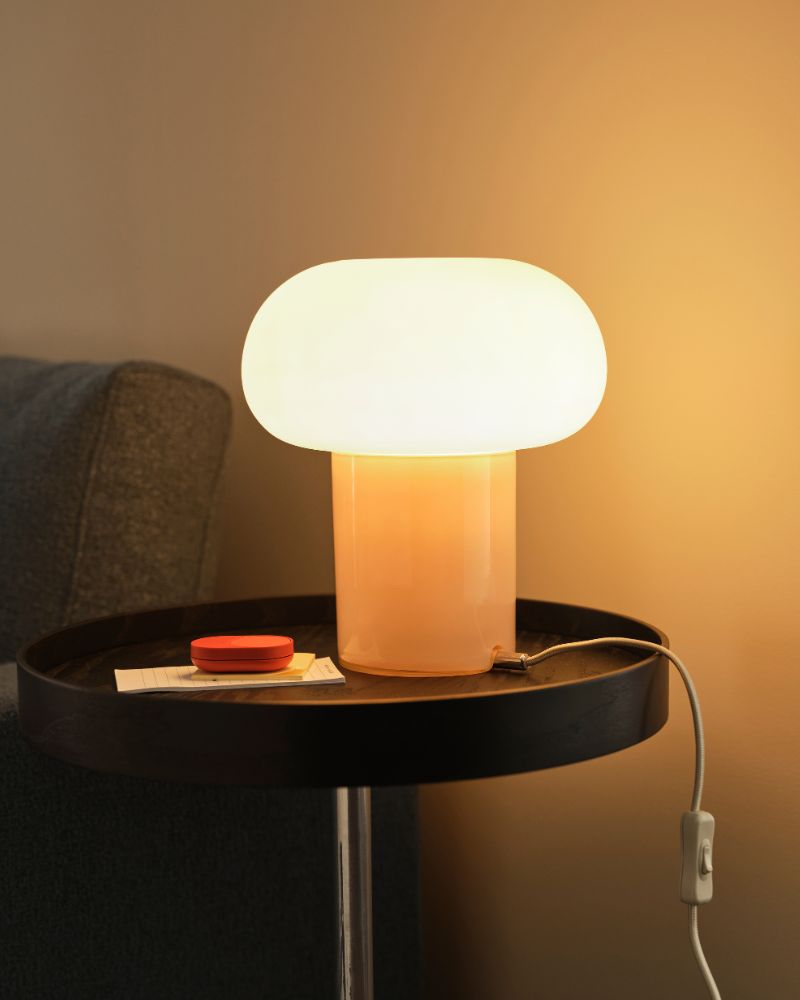 A DEJSA table lamp stands on a black TRANERED side table beside a BILRESA remote control. The lamp is switched on