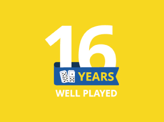 A yellow background featuring a large white "16." A blue ribbon wraps across the bottom with the word "YEARS" in yellow and an icon of two dominoes. Below the ribbon, the text reads "WELL PLAYED" in white.