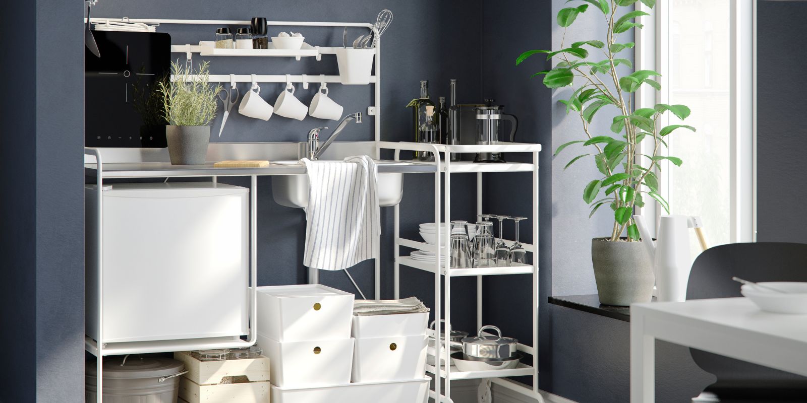 Cozy kitchen corner with UPPHETTA coffee maker, KNODD bin, TILLREDA stove, SUNNERSTA mini kitchen and IKEA 365+ pot.