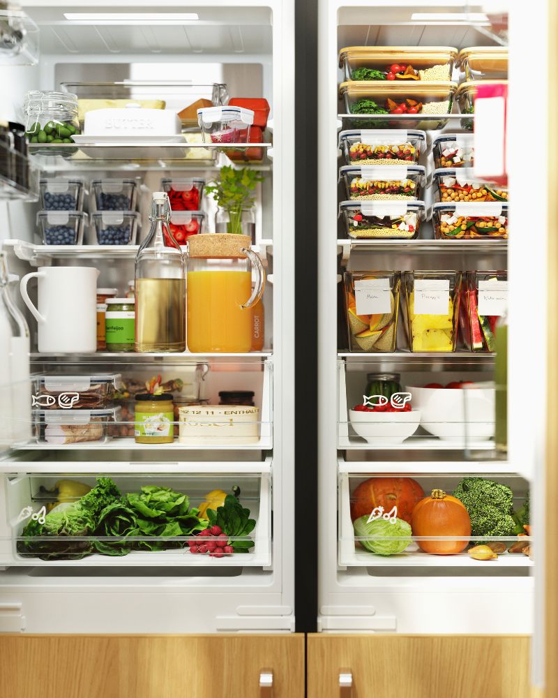 Organized fridge with IKEA 365+, KORKEN and KLIPPKAKTUS bins to optimize food storage efficiently.