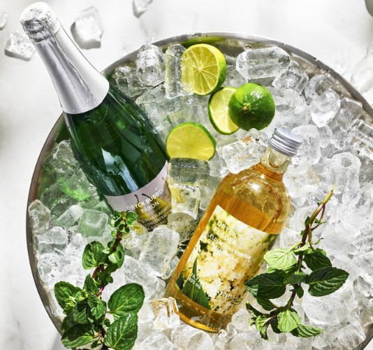 Beverage concentrate bottles with lime, mint, and ice in a metal bucket filled with ice.