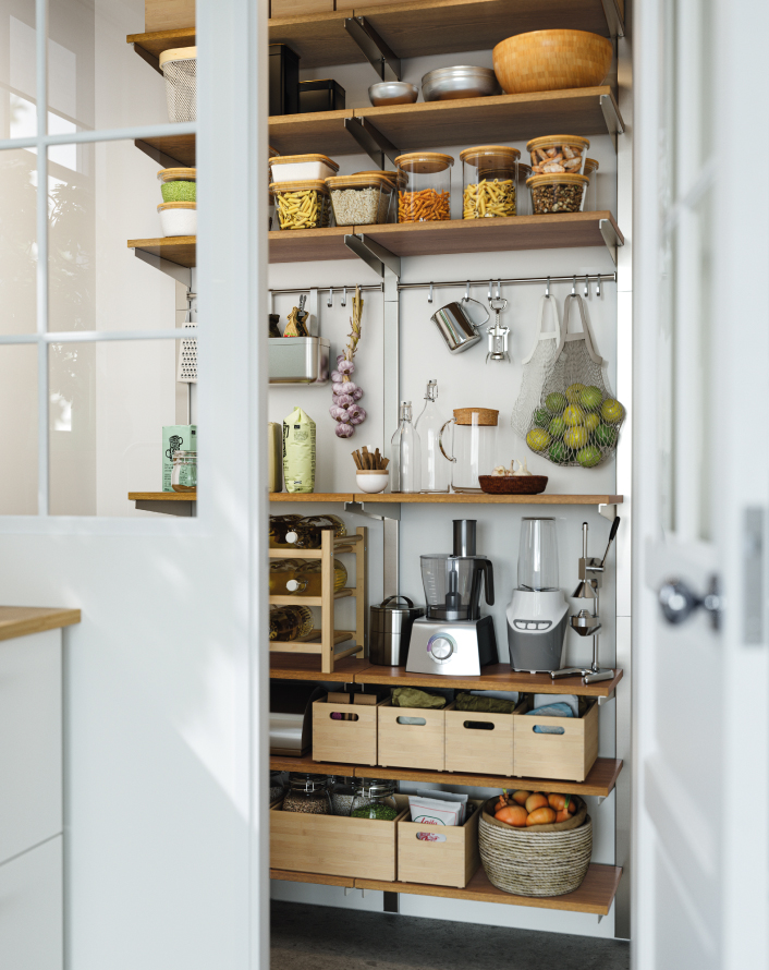 Open pantry with wooden shelves, jars of dry goods, small appliances, and storage boxes neatly arranged.