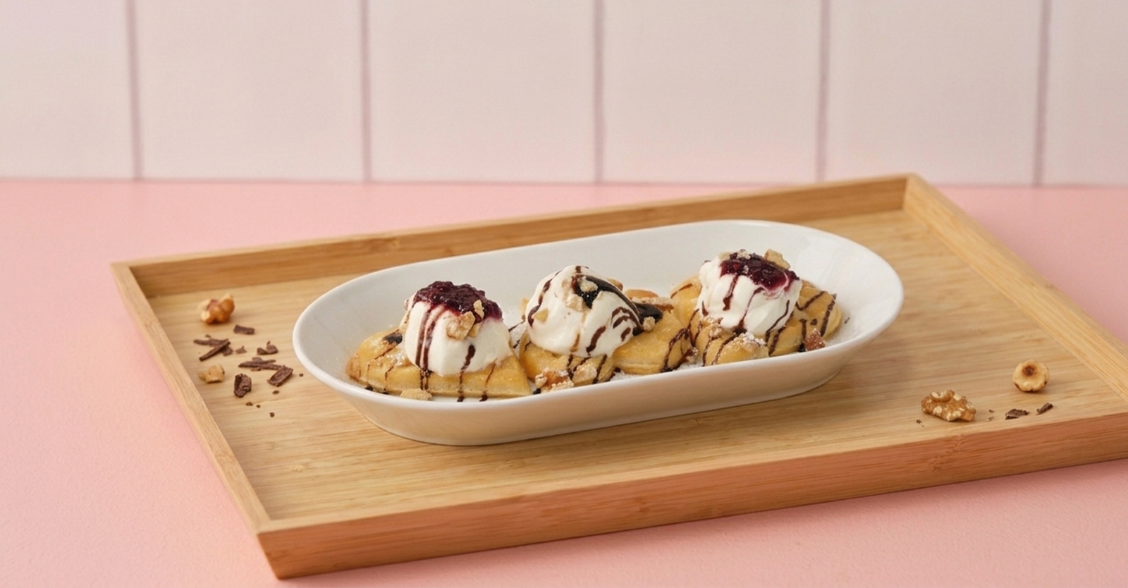 Three heart-shaped waffles topped with vanilla ice cream, berry jam, and chocolate syrup, served in an oval white dish on a wooden tray.