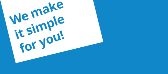 Blue text on a tilted white background reading "We make it simple for you!" against a solid blue backdrop.