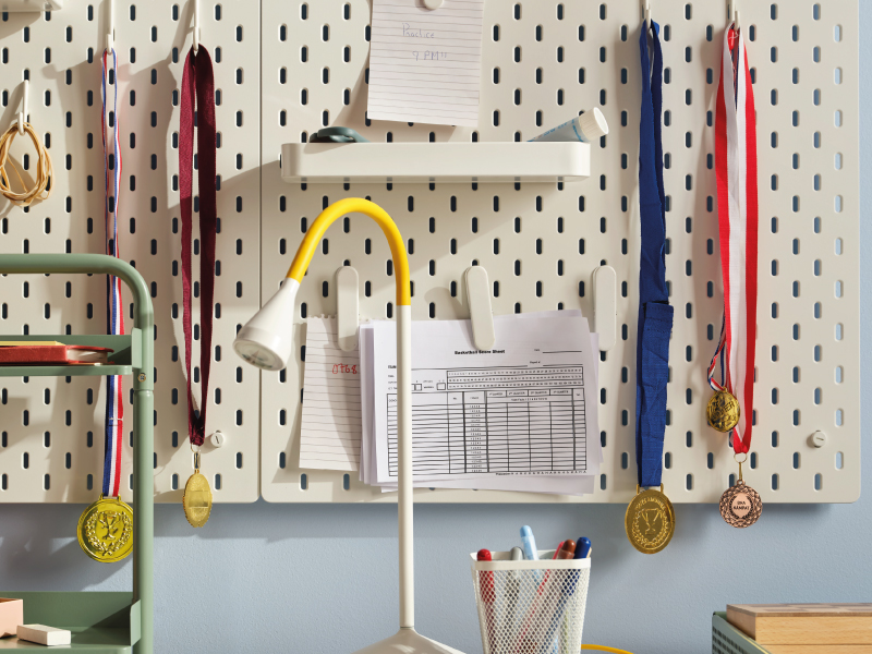 Medals and notes organized on a perforated study board.