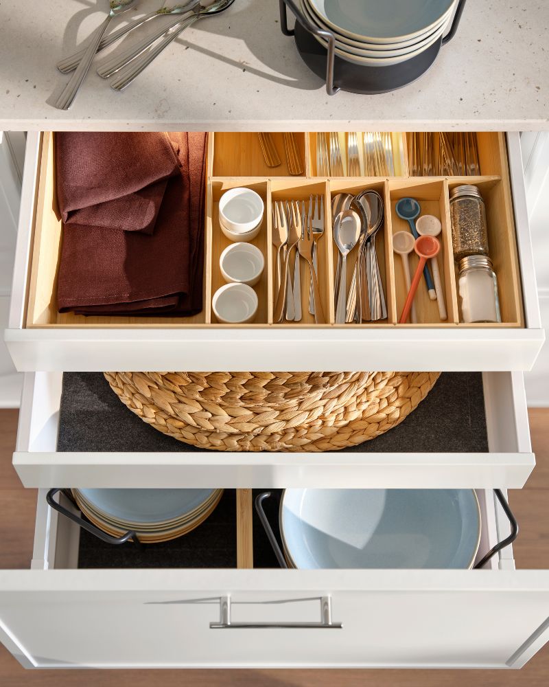 Organized kitchen with UPPDATERA cutlery tray, VARIERA divider, FÄRGKLAR dinnerware and IKEA 365+ cutlery.