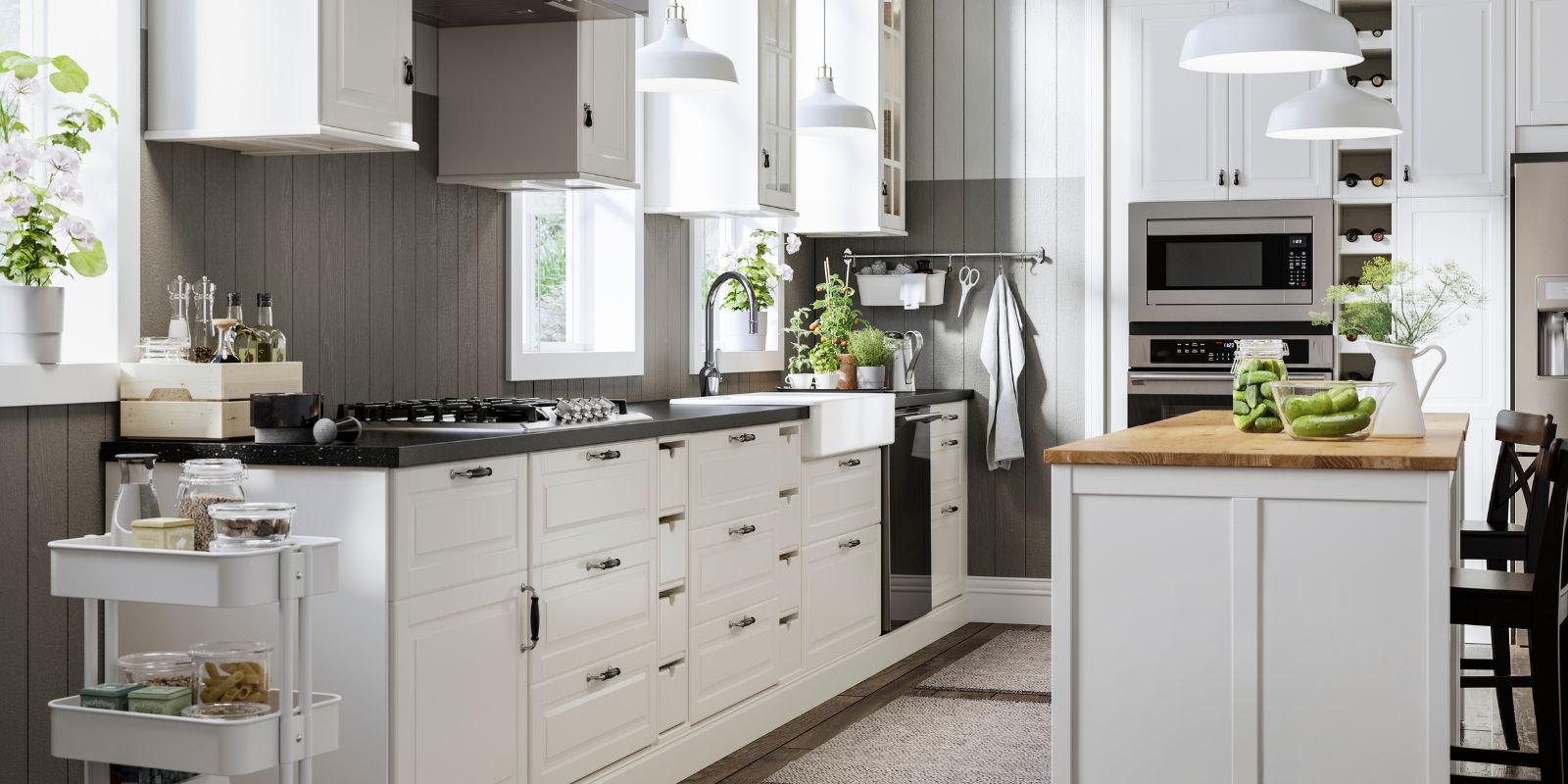 Classic kitchen with BODBYN doors, TORNVIKEN open cabinet, HAVSEN sink and RANARP pendant lamps.