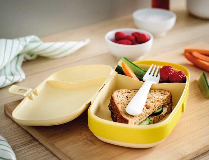 Lunchbox with a sandwich, vegetables, and raspberries.