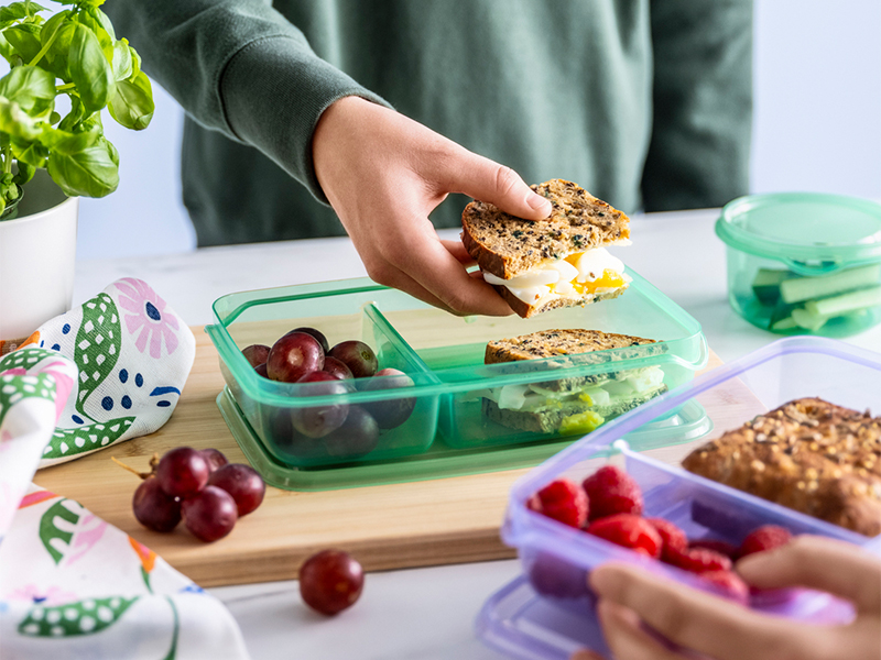 Person placing a sandwich into a green food container next to grapes and fruit.