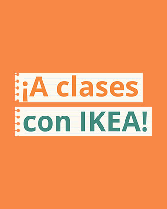 Fondo naranja con recortes de libreta que dicen "¡A clases con IKEA!".