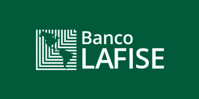 White Banco LAFISE logo featuring the American continent map on dark green background.