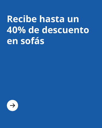 Banner azul con texto “Recibe hasta un 40% de descuento en sofás” y flecha.